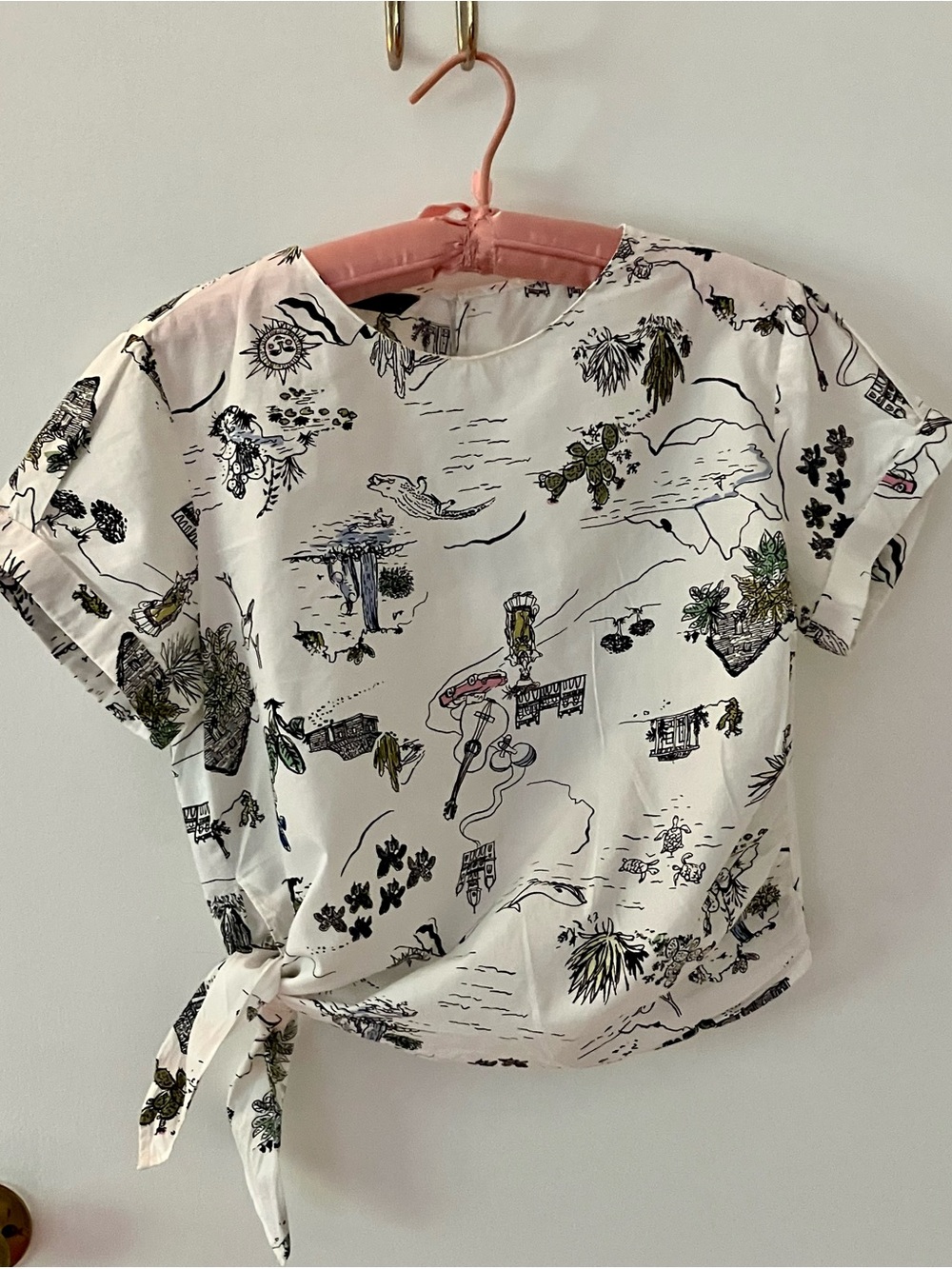 Zara White Scenic Print Short-Sleeve Tie-Hem Top